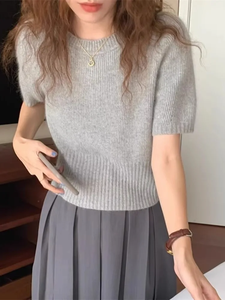

Gray Short Sleeve Knitted T-Shirt Women's Summer High-End round Neck Korean Style Slimming Color Short Length Trendy Top