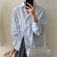 French Lace Patchwork V Neck Blouse for Women 2026 Trends Irregular Bandage Long Sleeve Shirt Woman Elegant Loose White Blouses - Image 6
