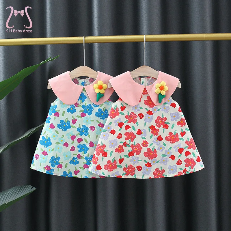 

Summer Sleeveless Round Neck Baby Girl Beach Dresses Casual Flowers Cute Doll Collar Children Clothes 0-3 Years Old Toddler Wear