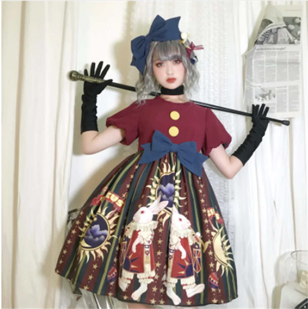 

Gothic Vintage Sweet Lolita Dress Palace Bowknot O-neck High Waist Printing Victorian Dress Kawaii Girl Gothic Lolita Op Cosplay