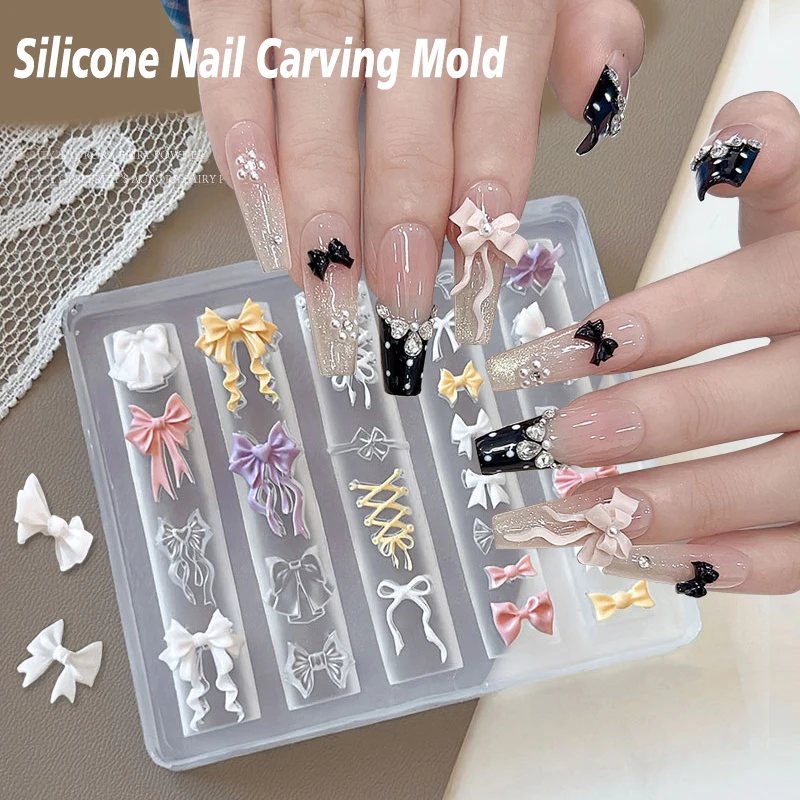 

3D Silicone Flower Nail Carving Mold Acrylic Bowknot Floral Stamping Plate Nails Stencils Blossom DIY Clay Mold Nail Template