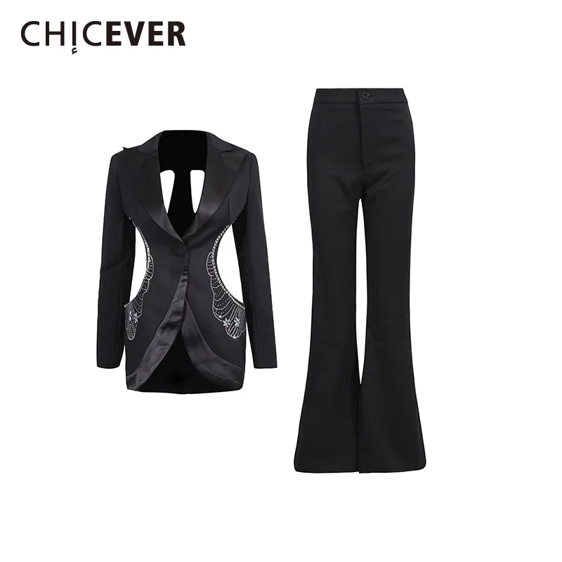 

CHICEVER черный комплект из двух предметов с бриллиантами, женская куртка с лацканами и длинными рукавами, утягивающие офисные женские брюки, стильные комплекты