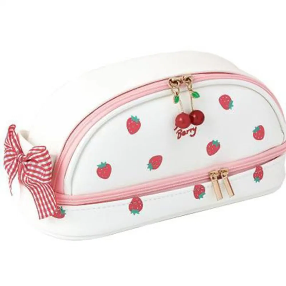 Urso portátil caso de lápis morango sorriso cereja bonito saco de lápis couro do plutônio papelaria dupla camada caneta bolsa escola