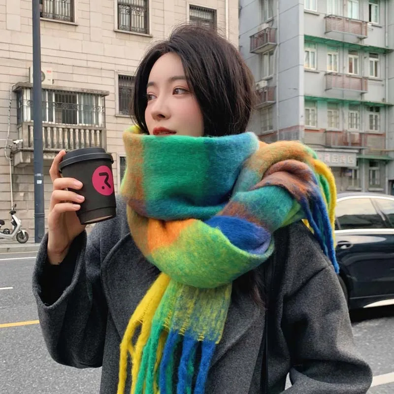 Rainbow Plaid Scarf For Women Autumn-Winter Premium Color Matching Fringe Mohair Thickened Shawl 24W027