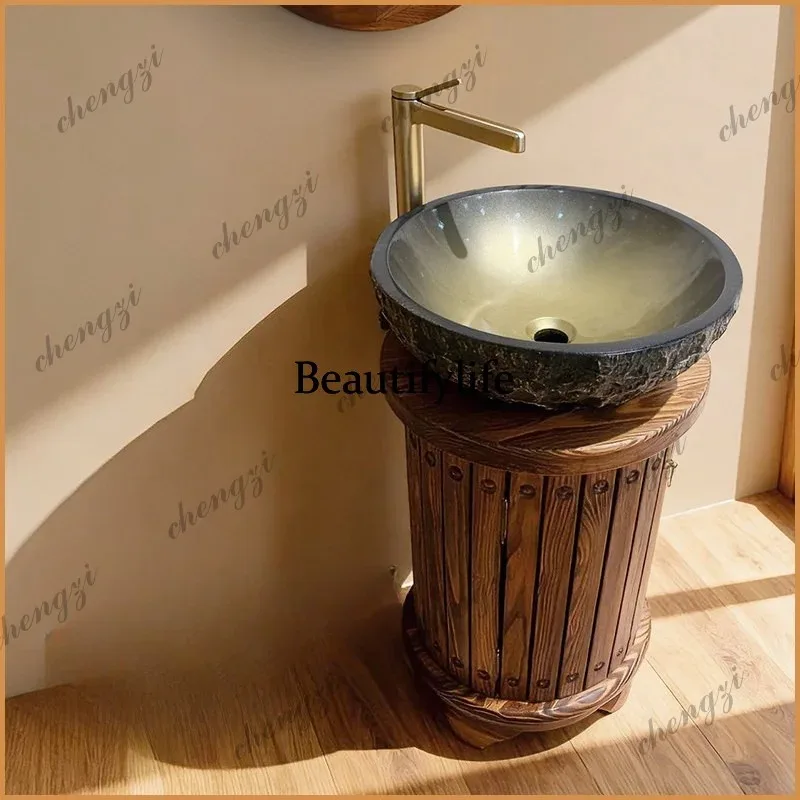 K153  log stone round bathroom counter basin vertical wash basin high-end art wash table double-layer storage cabinet