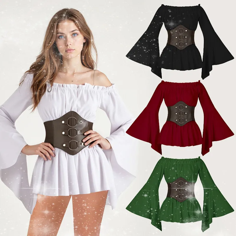 

New Medieval Renaissance Long Sleeved Shirts, Waistband Tops, Halloween Stage Costumes, Pirate Shirts for Women
