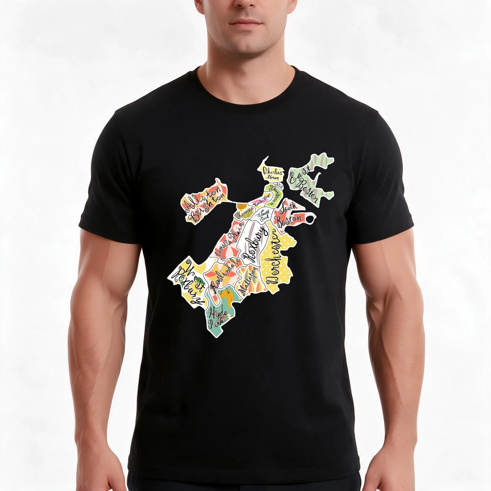 map of boston, mass T-Shirt, Summer Casual Cotton Tee, Oversized Streetwear Tops, Vintage Graphic Print, Loose Fit Short Sleeve