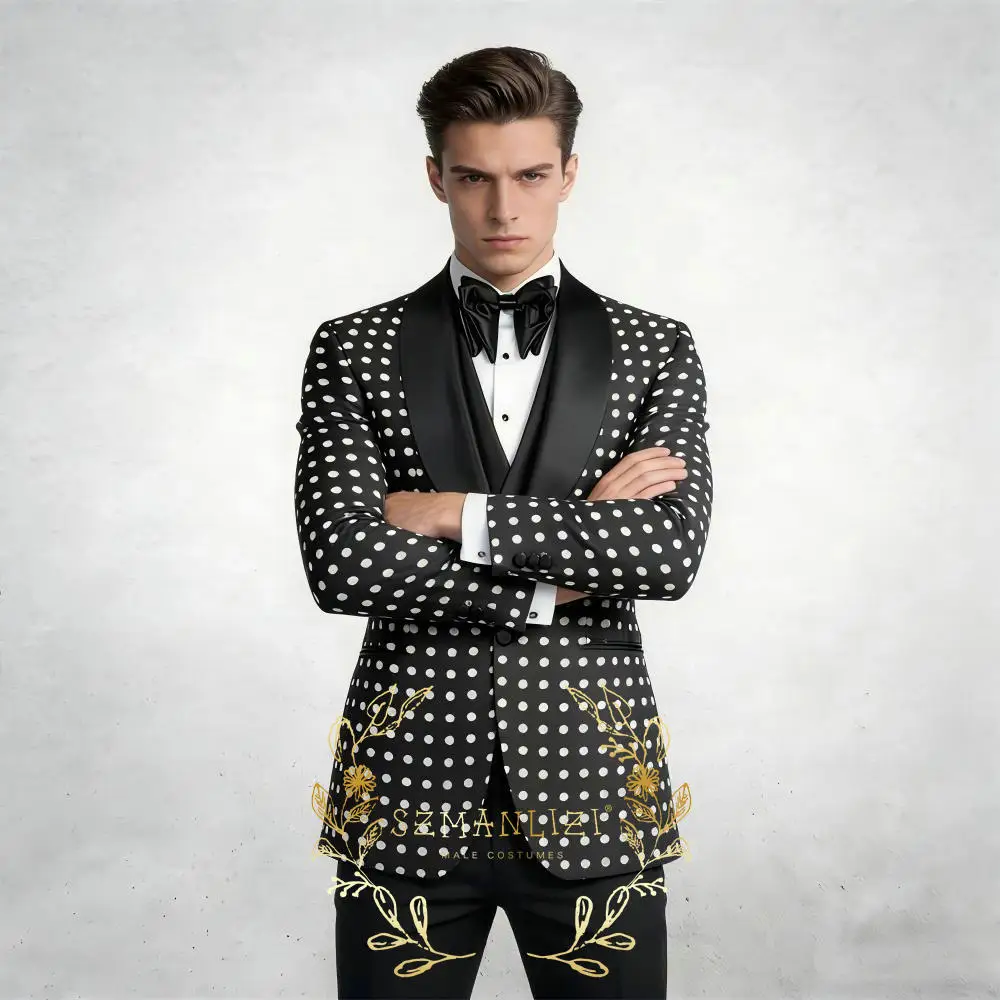 

Fashion Dots Suits for Men Black Shawl Lapel Male Blazer Set Formal Wedding Party Tuxedos 3 Pieces (Jacket+Vest+Pants)