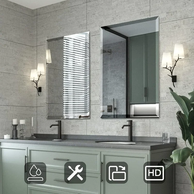 Espejos de baño con espejo biselado para espejo de baño rectangular sin marco de 24x36 con borde biselado que cuelga horizontalmente o verticalmente