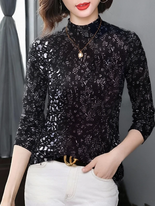 

Black Sequin Long Sleeve Half High Collar Slimming Base Shirt for Women Middle-Aged Mom Fashionable Warm Top Casual Style Pol...