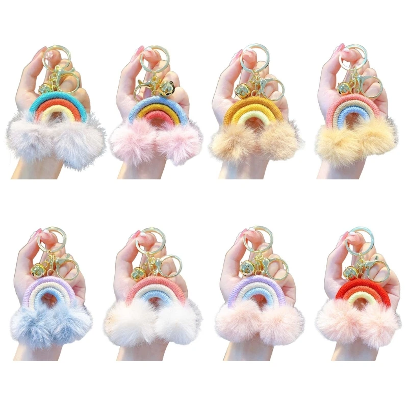 Woven Plush Pendant Rainbow Cloud Hairball Keychain Schoolbag Backpack Purse Ornament Charm Car Interior Hanging Decor