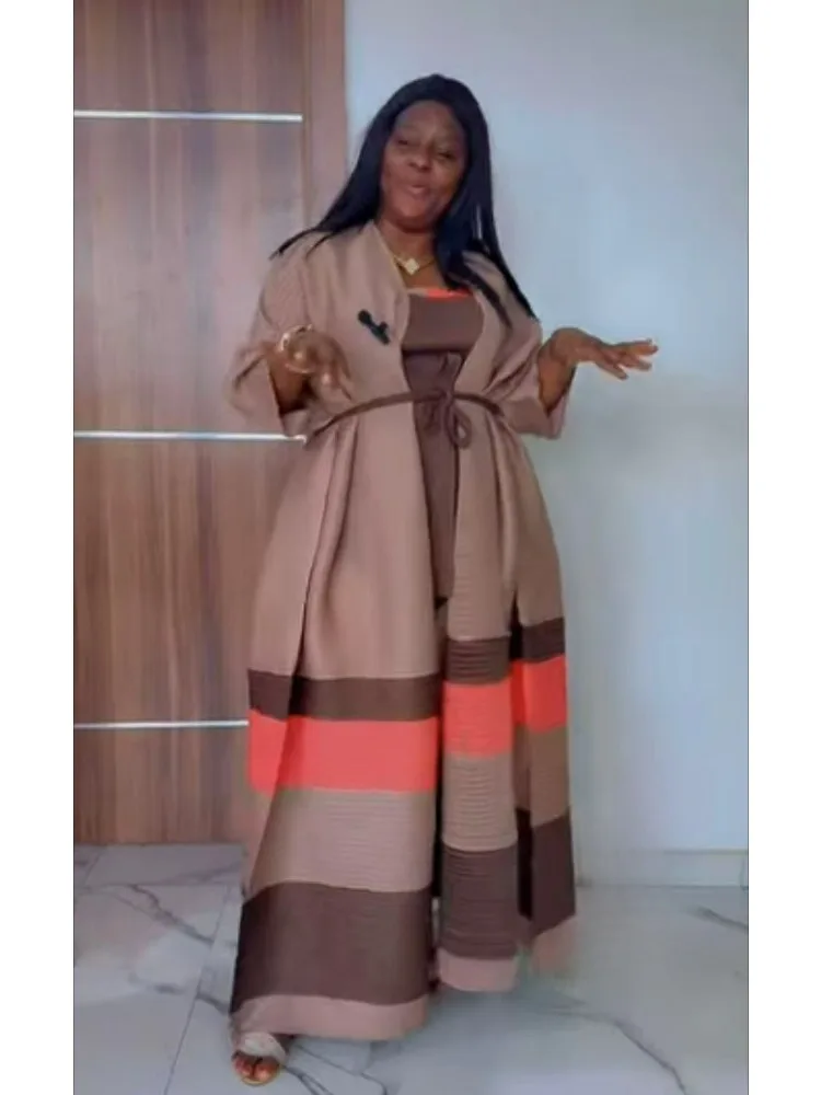 

Miyake Pleated Splicing Colors Two Pieces Dress Sets Women New Year Designer Abaya Fashion Elegant Loose Size Average Bat Suits