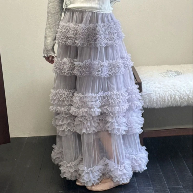 Korean Fashion Vintage Multi-Layer Ruffle Tulle Tiered Maxi Skirt Princess Style Kawaii Puffy Fall Winter Long Skirts for Women