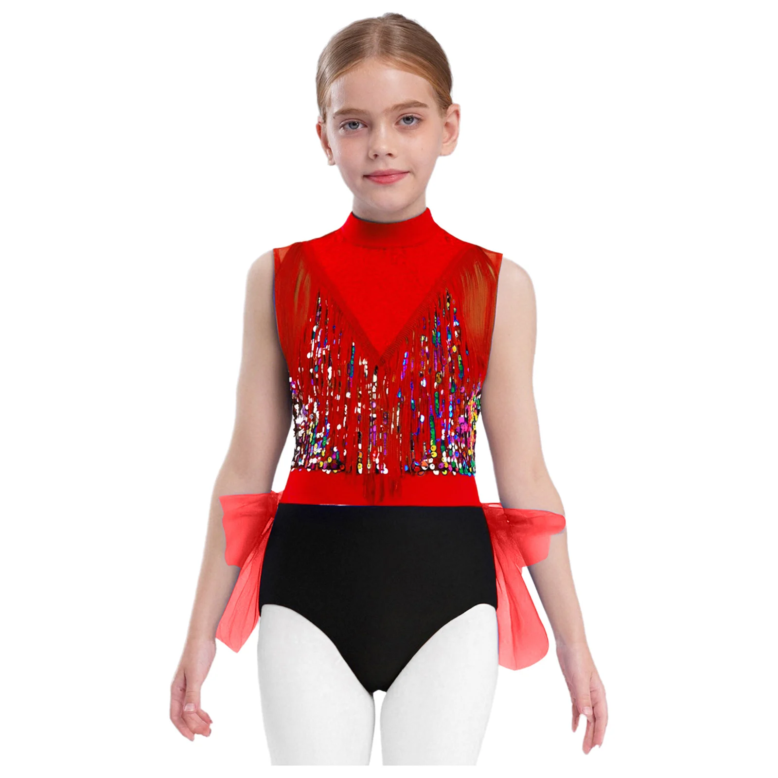 

Kids Girls Latin Jazz Stage Performance Costume Sleeveless Tassels Shiny Sequins Color Block Cha-cha Waltz Dance Leotard Dress