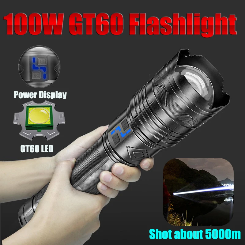 Super Bright 100W GT60 LED Flashlight Long Range 5000m Spotlight Zoomable Emergency Torch Outdoor Searchlight Power Display