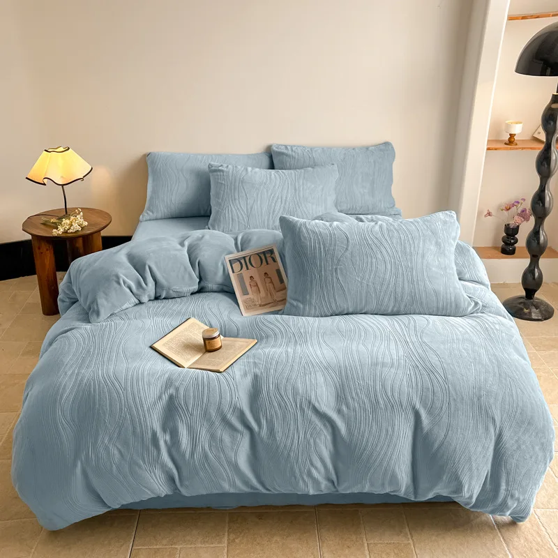 2025 new winter solid color simple four-piece set milk fleece carved quilt cover bedding thickened warm kit comfortable