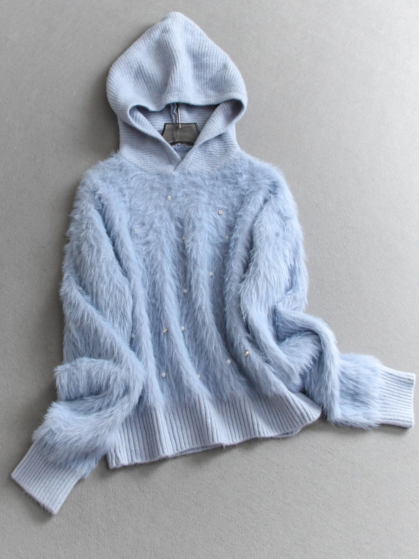 

Sweet Sle Pearl Decorated Long Plu Loose Hooded Sweater Winter New Women's Knittedwear Polyester Fiber 00% Autumn Winter