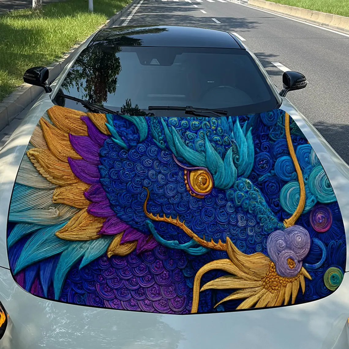 

Artistic Chinese Dragon in an Oriental Scene PVC Car Engine Hood Vinyl Wraps, Self-Adhesive Waterproof Car Hood Decal Sticker, C