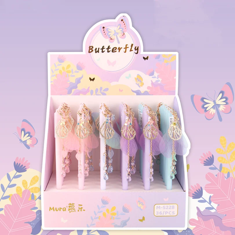 

36 pcs/lot Kawaii Butterfly Pendant Gel Pen For Writing Cute 0.5mm Black Ink Pen Gift Stationery Office School Supplies
