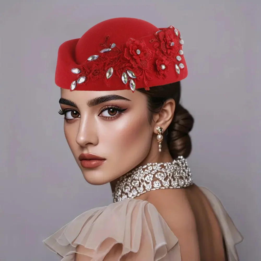 

Charm Vintage Topper Hat Flower Lace Pillbox Hat Rhinestone Solid Color Airline Stewardess Caps Lady