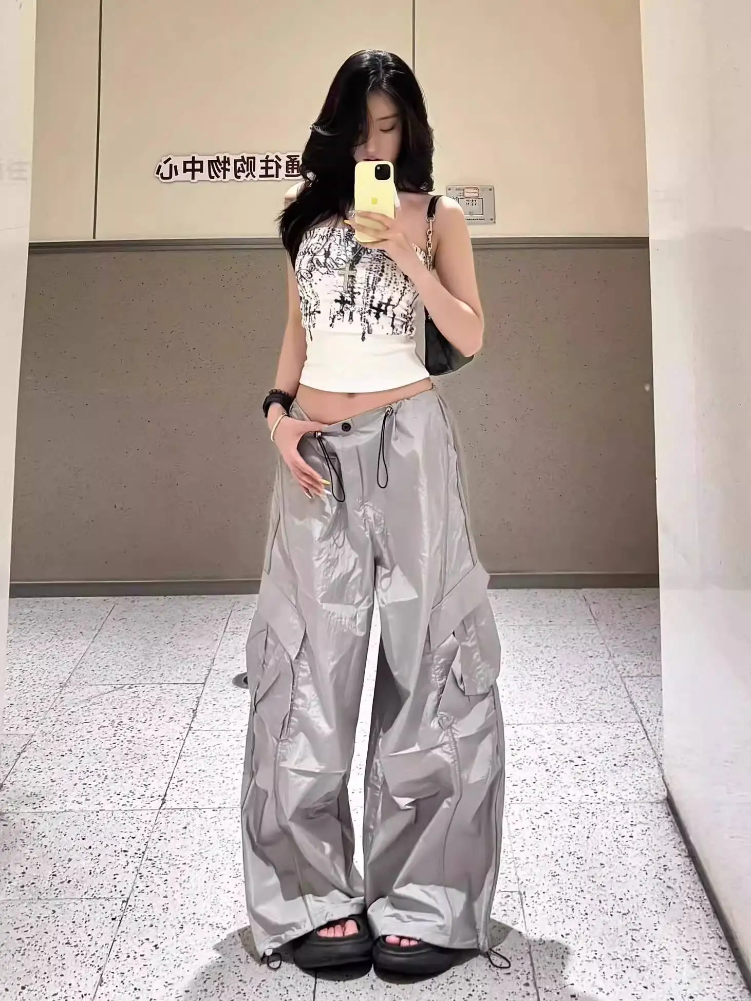 

Women Casual Pants 2026 Spring Summer Women's Vintage Silver Gray Cargo Pants Loose Straight Quick Dry Thin Casual Trousers