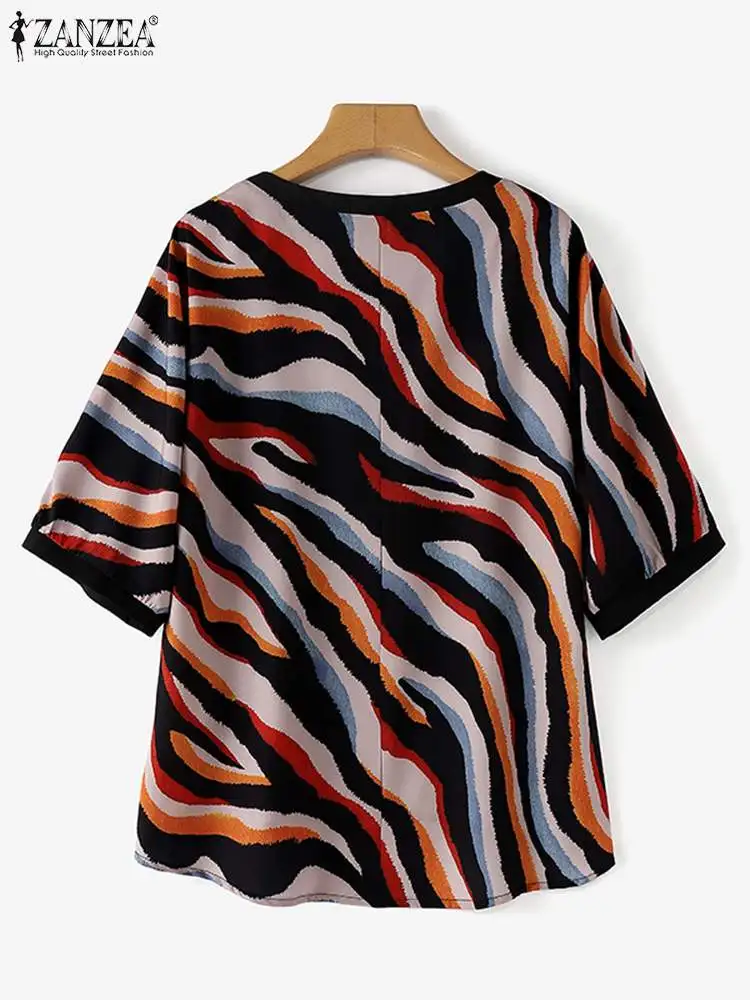 ZANZEA Elegant Colorful Ripple Printing Blouse 2024 Summer Short Sleeve Tops Fashion Women V-neck Shirt Casual Loose Chic Blusa