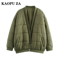 KAOPU ZA Woman 2024 New Autumn/Winter Vintage Solid Color V-Collar Thick Jacket Female Casual Long Sleeve Button Outerwear Coat