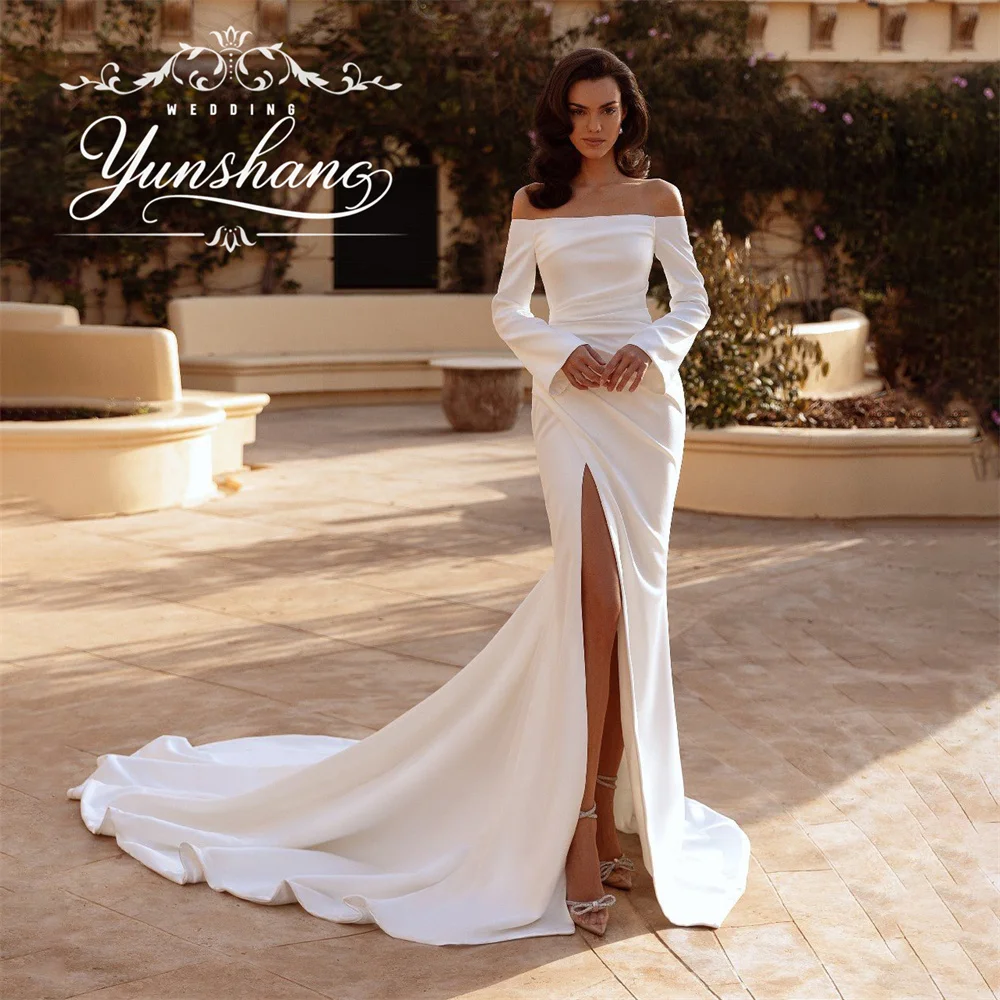 

YunShang Customized Off Shoudler Long Sleeve High Split Sweep Trian Mermaid Wedding Dress Floor Length Simple Ruffles Elegant