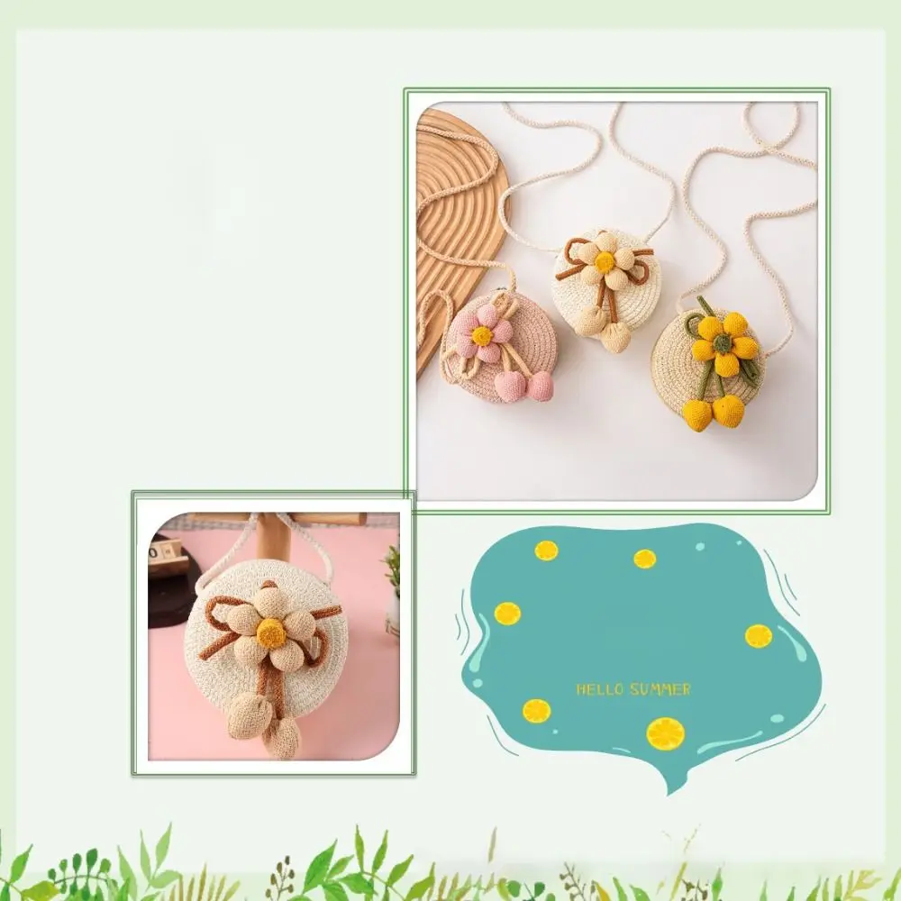 New Handmade Woven Straw Bag Flower Shape Solid Color Crossbody Bag Zipper Storage Basket Children