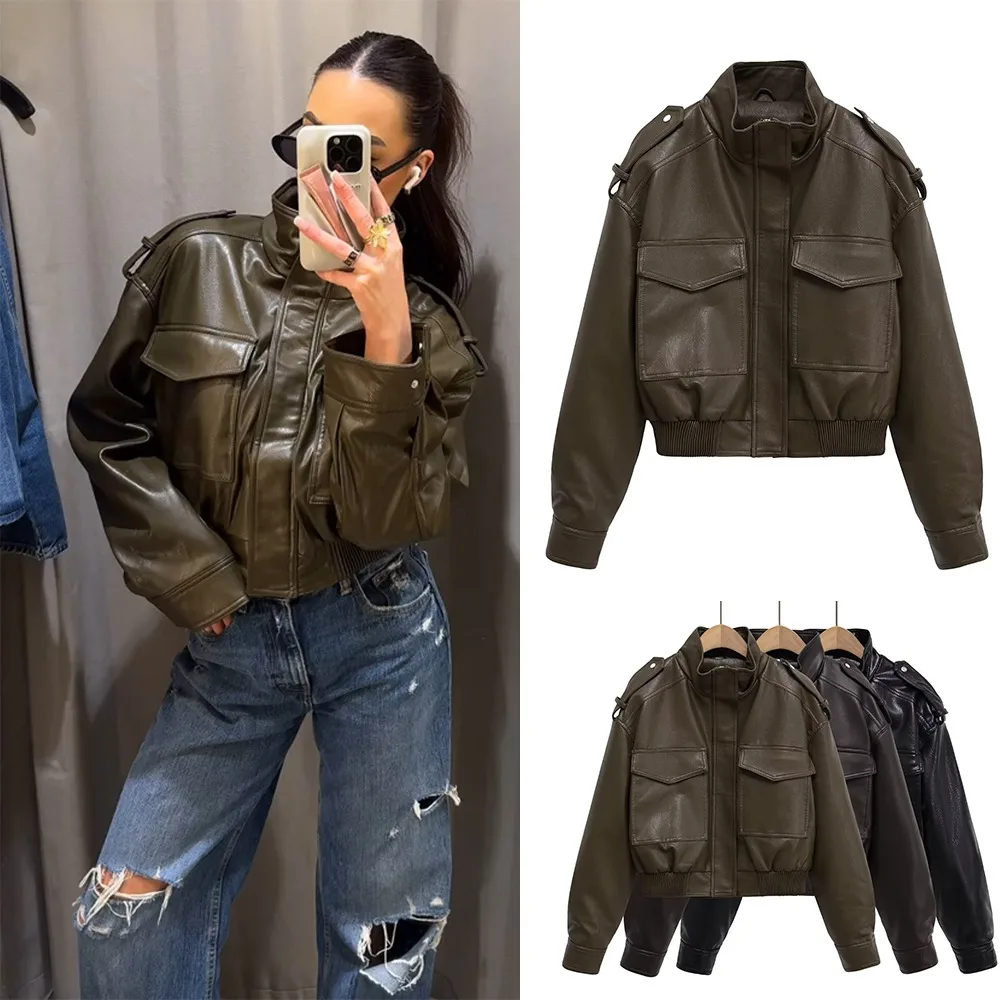 

Crop Leather Jackets Woman Y2K Streetwear Vintage Bomber Long Sleeve Top New in Trend Winter 2025 Coat Female Outerwears