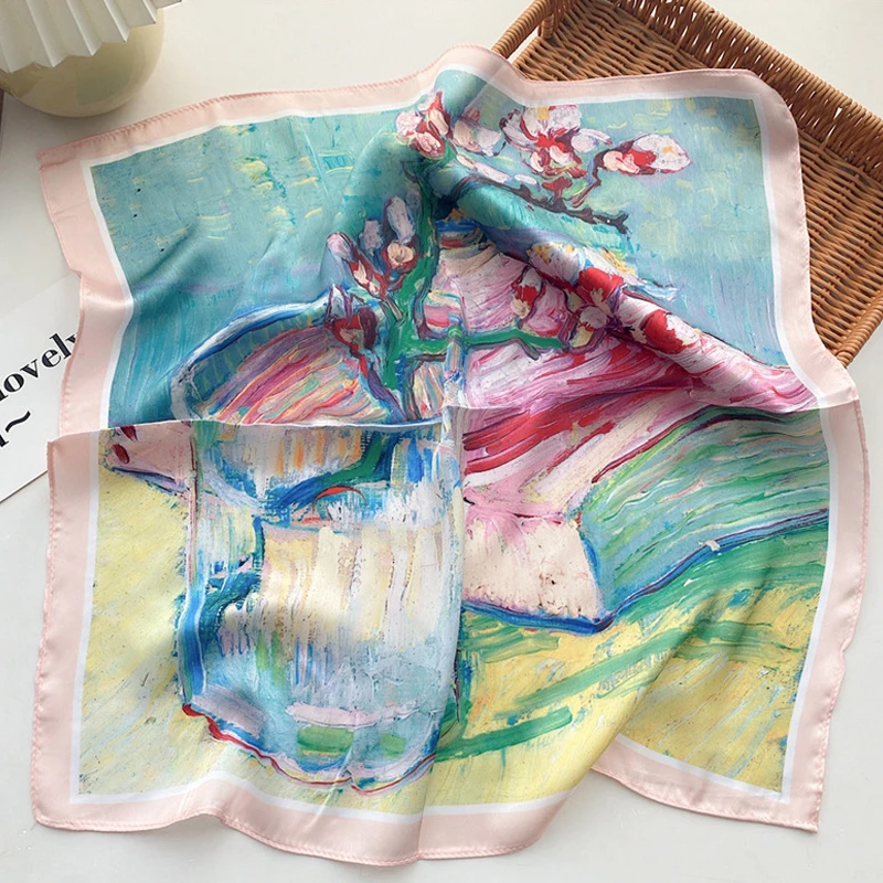 2024 Summer Bright Color Oil Painting Print 53CM Small Square Women Satin Silk Neck Tie Scarfs Soft Neat Ladies Neckerchiefs