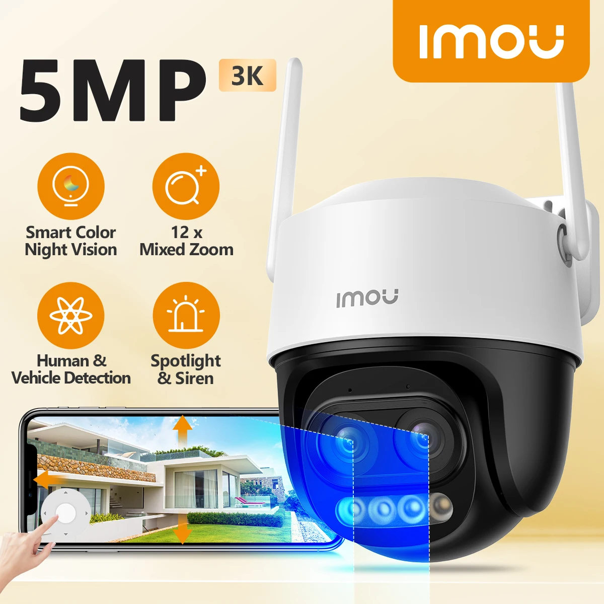 

IMOU Cruiser Z 5MP 12x Mixed Zoom Outdoor PTZ Wi-Fi Camera AI Human Vehicle Detection IP66 Camera Full Color Night Vision