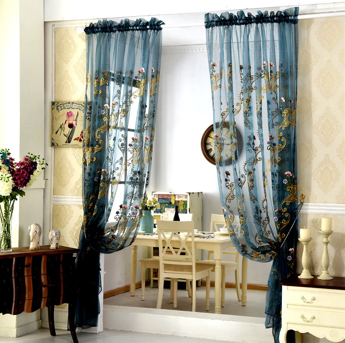 High-end Embroidered European Blue Flower Gauze Curtain