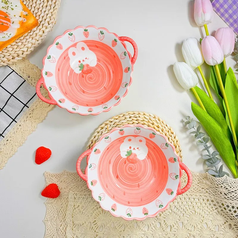 

Cute Strawberry Rabbit Soup Bowl Set – 20CM Big Ceramic Noodles & Rice Bowls, Group A Spill proof bowl Pedicure bowl Soup bowl