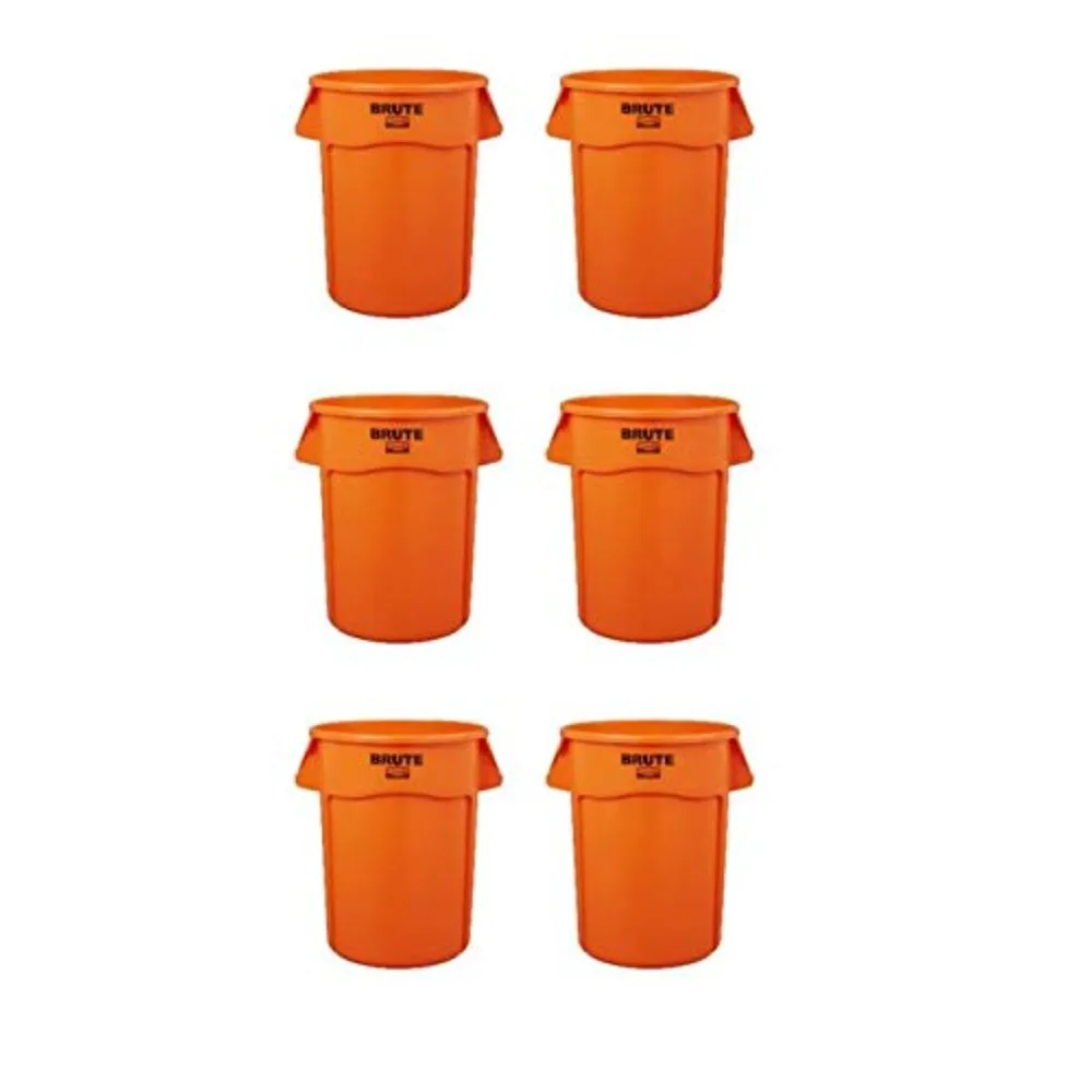 Heavy Duty Round Trash Can, 32 Gal, Orange, of House/Offices, Pack of 6, Yard Waste Bins