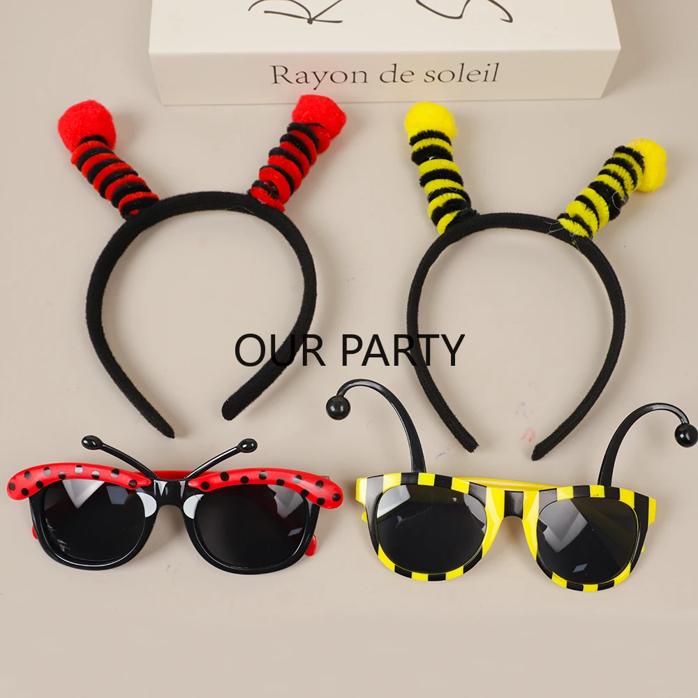 1 2Pcs Cartoon Bee Ladybug Theme Headband Glasses Cosplay Costume Photo Props for Adult Kids Birthday Party Favors Decoration Perfect for Adding Fun to Your Party and Creating Unforgettable Memories with Friends and Family