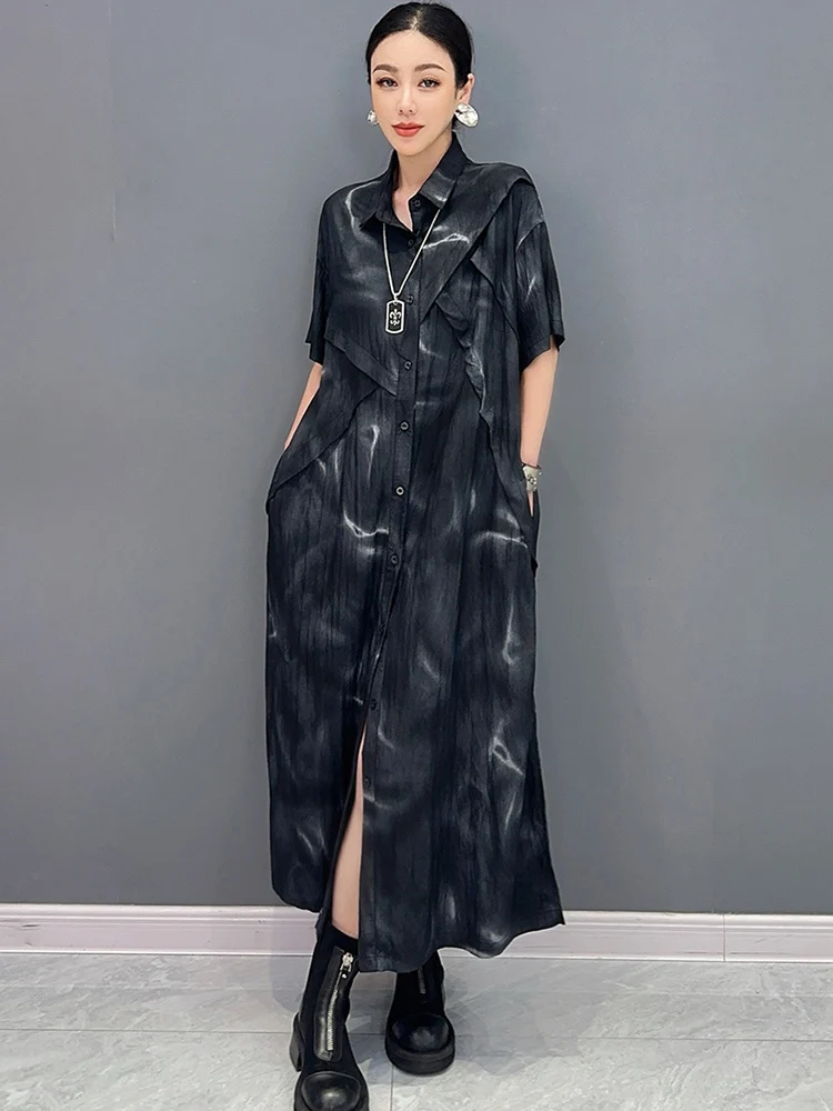 SHENGPALAE Women's Short Sleeve Shirt Dress Printed Splitting Casual Fashion Elegant Robe Female Clothes 2024 Summer New 5R9924