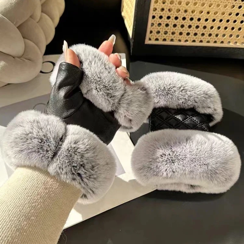 

Женские зимние перчатки с полупальцами из натурального кроличьего меха, роскошные милые и теплые перчатки, зимние аксессуары, новые зимние перчатки
