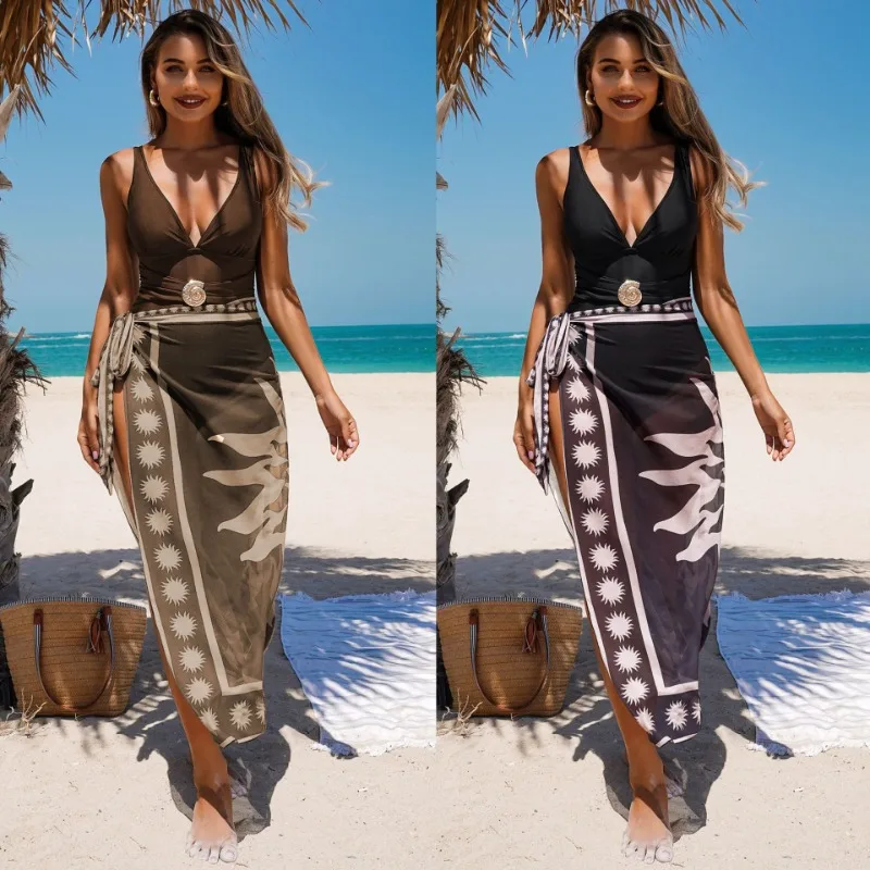 

2025 New European American Bikini Print Swimsuit Wrap Skirt 3 Piece Set Women Hot Sale