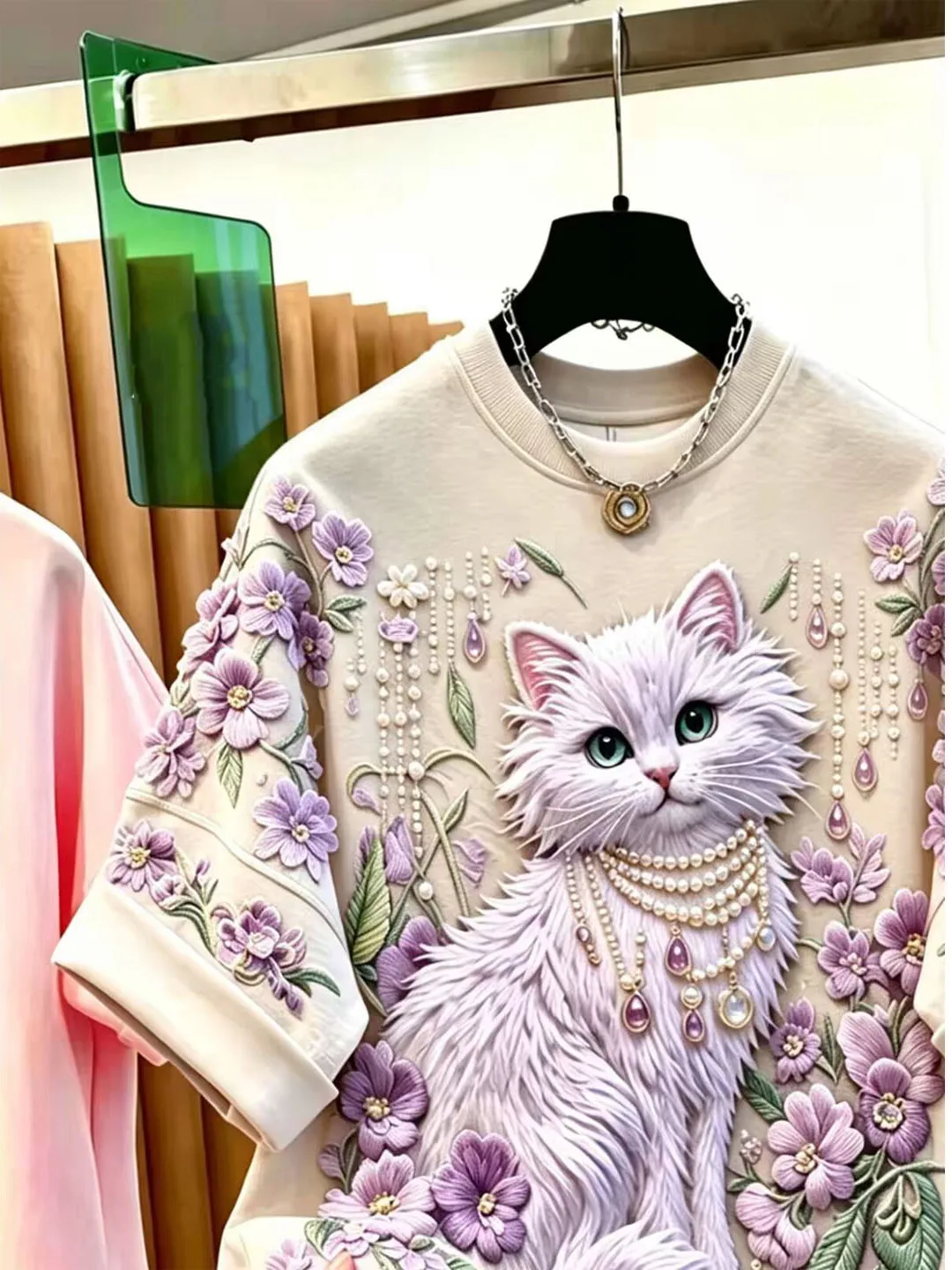 Summer 2026 New Elegant Soft Versatile Beaded Print T-shirt Korean Style Loose Fit Creative Pattern Short Sleeve round Neck