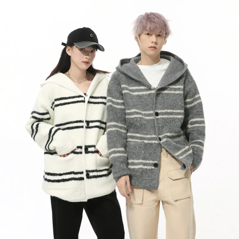 2025 Spring Men's Hooded Cardigan Single Breasted Knitting Loose Sweaters Casual Striped Male Tops Korean Style