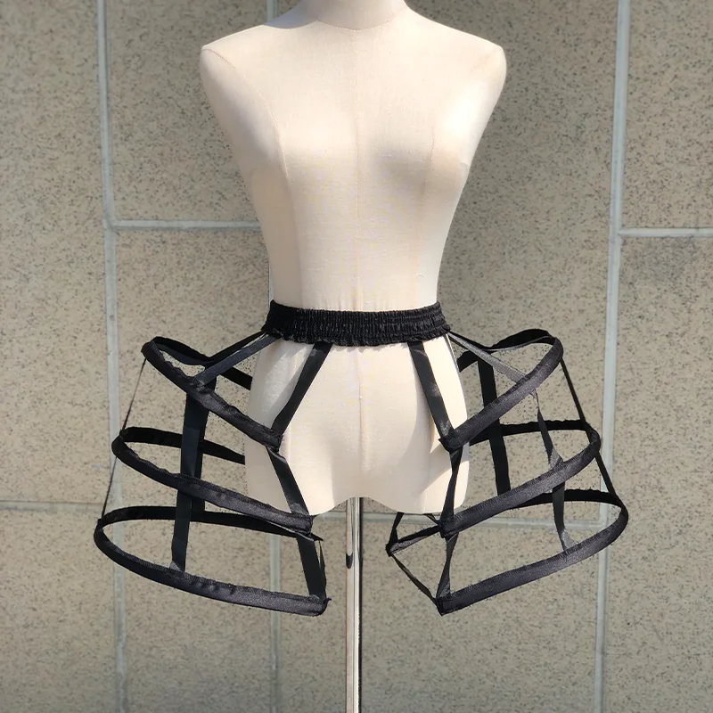 لوليتا روكوكو قصيرة أبيض وأسود الجوف قفص الطيور تنورة دعم ثلاث دوائر مزدوجة الوجهين الشريط الداخلية بطانة تنورة