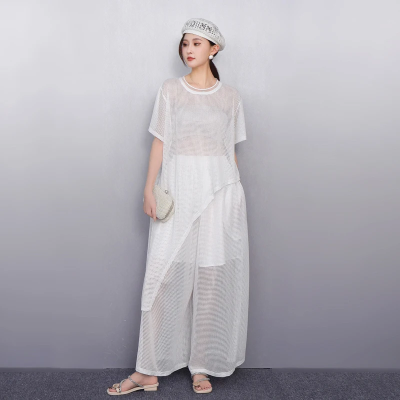 

2025 Spring Summer Elegant Perspective Set Women Loose Mesh Top Wide Leg Pants Two-piece Set Wholesale J1174