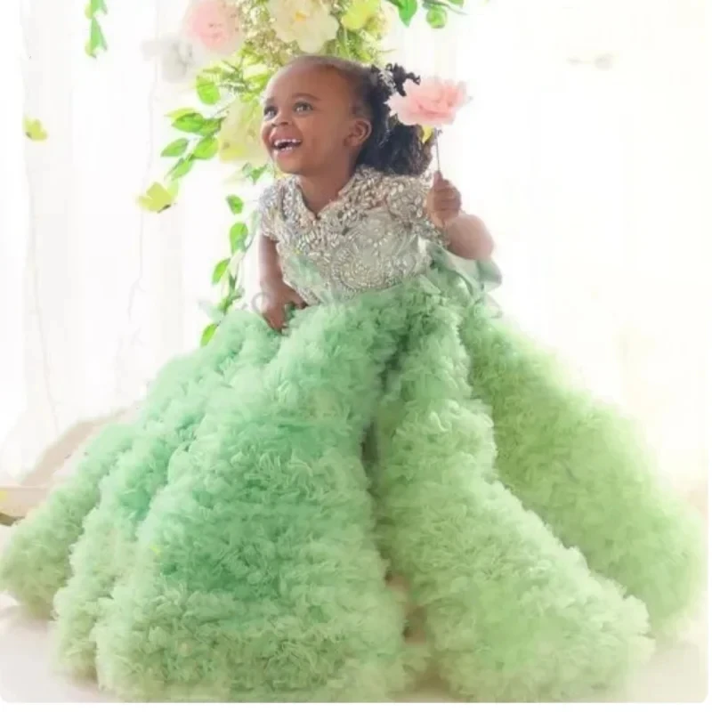 Verde frisado vestido da menina de flor para o casamento em camadas elegante até o chão inchado bebê crianças festa aniversário primeira comunhão vestido