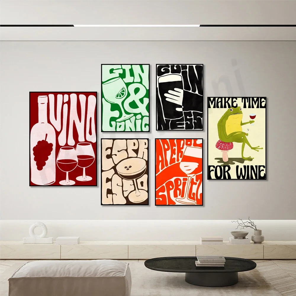 Bauhaus-style cocktail, espresso, martini wall art posters, fun kitchen decorations, frog and wine illustrations