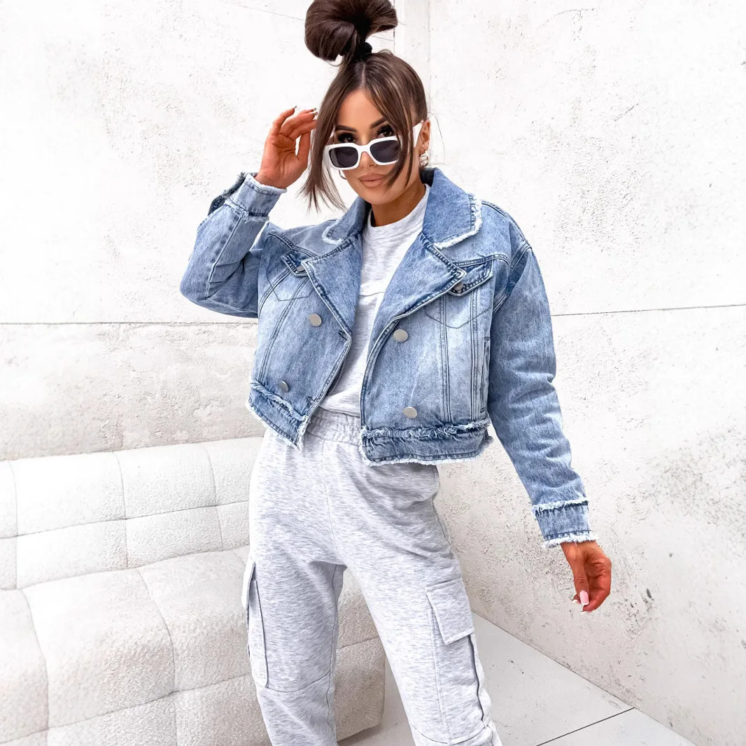 

Distressed Denim Coat Double Breasted Washed Women Jackets Turn Down Collar Pockets High Street Long Sleeve Jacket Slim