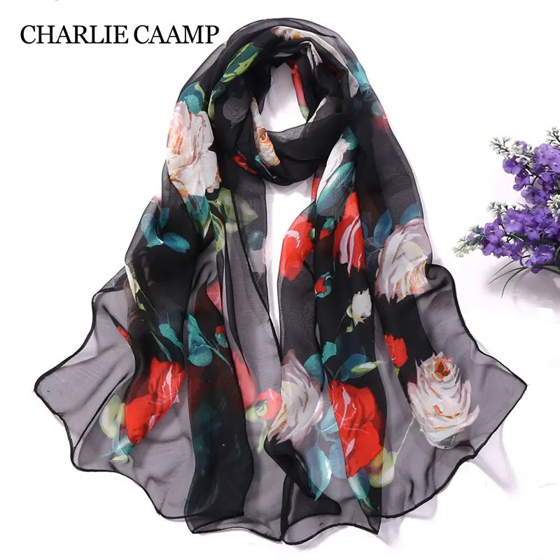 Rose Flower Printed Pattern Chiffon Georgette Silk Scarf Korean Style Foulard Shawl Bandana Women Elegant Beach Sun Protection