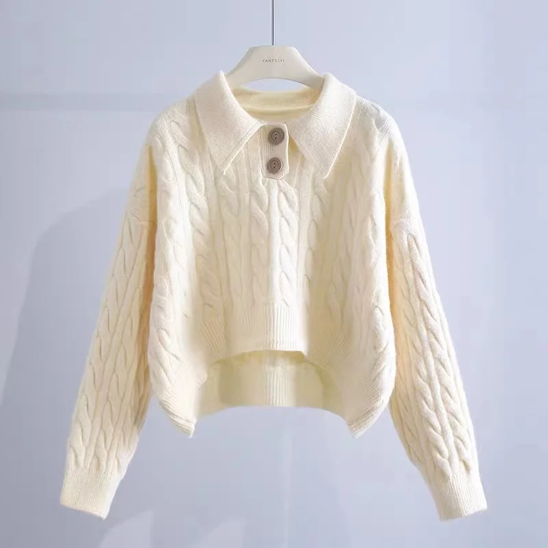 Autumn and Winter New Women's Long-sleeved Short Sweater Fashionable Polo Collar Button Pullover Knitted Sweater Knitwear
