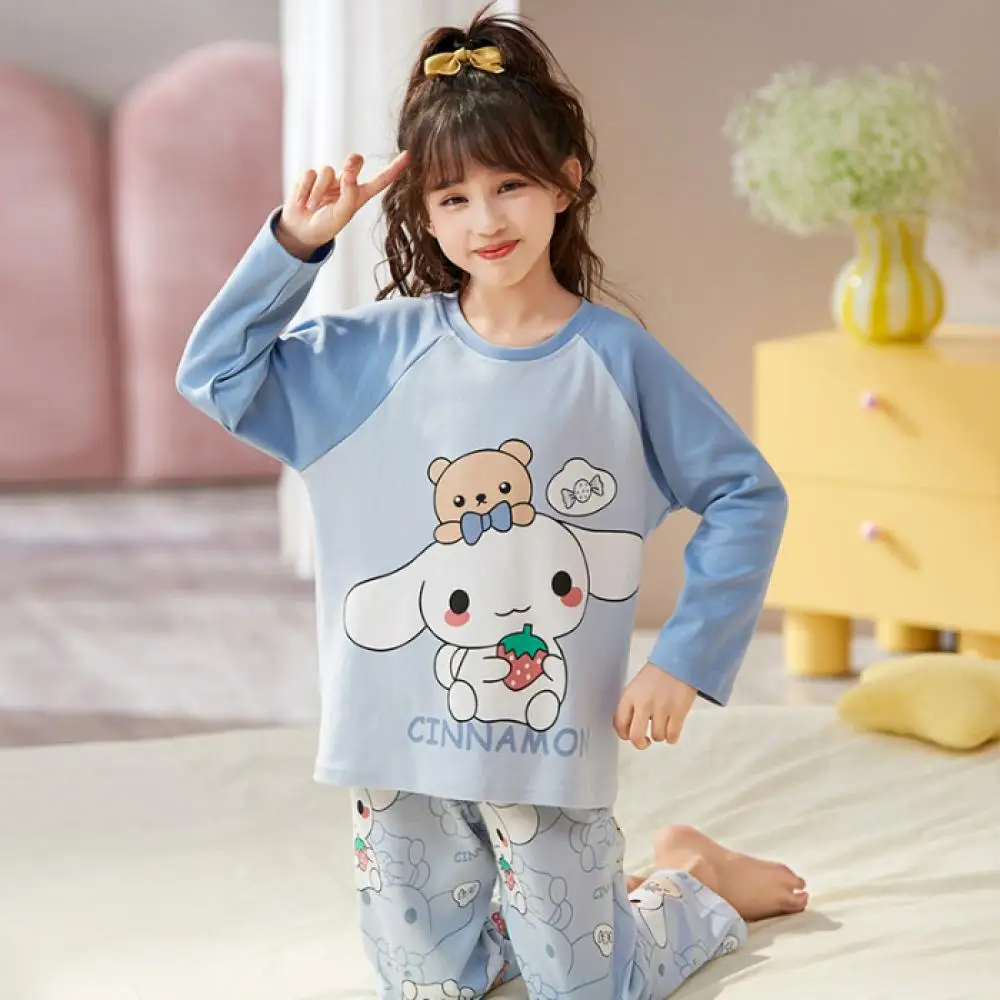 2Pcs Cinnamoroll Kuromi Melody Parent-Child Pajamas Kawaii Spring Autumn Anime Girl Cartoon Cotton T-Shirt Pants Cute Homewear