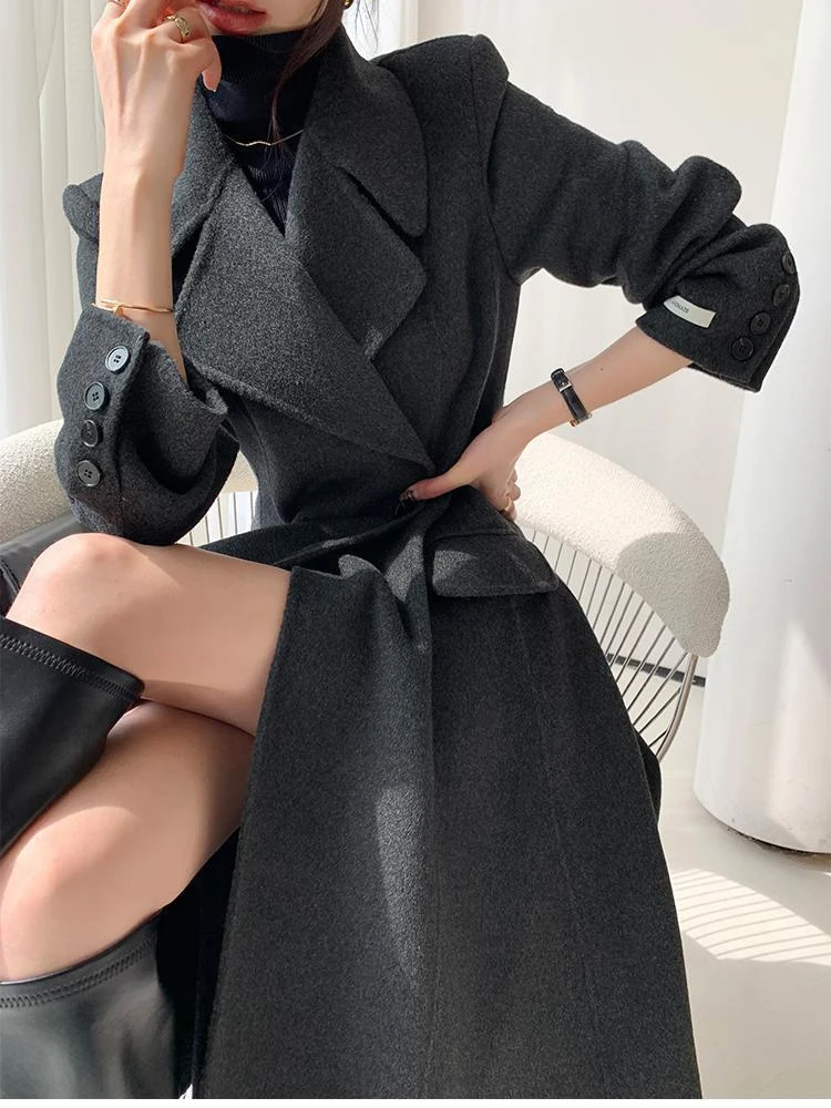 2024 Double-sided Wool Coat Women Autumn-Winter New Solid Color Lapel Lace-up Pockets Mid-length Jacket Slim Outerwear